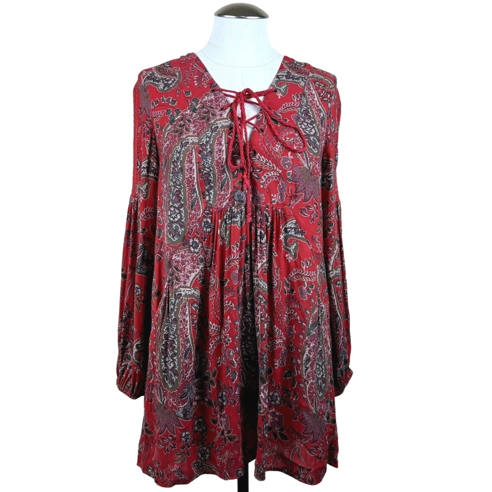 Free People Womens XS Paisley Print‎ Tunic Mini Dress Long Sleeve Boho Festival